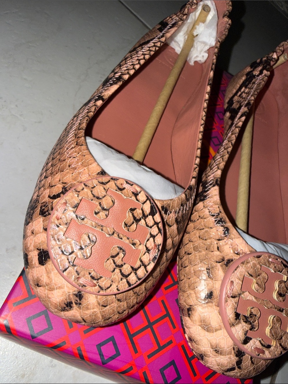 Tory Burch Pink Snake-Embossed Minnie Travel Ballet Flats - Picture 2 of 5